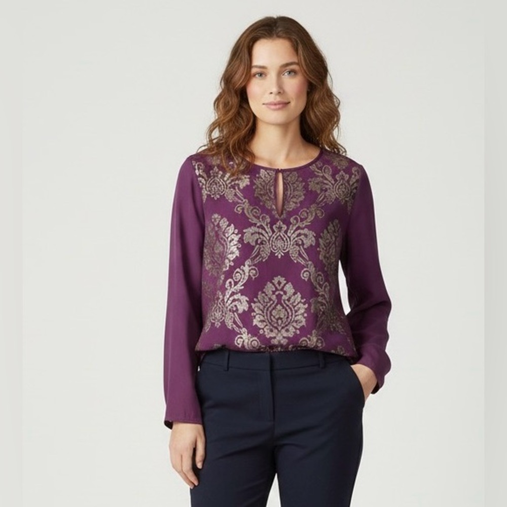 Sundance Purple Gold Embroidery 100% Silk Long Sleeved Tunic Blouse, Size SP